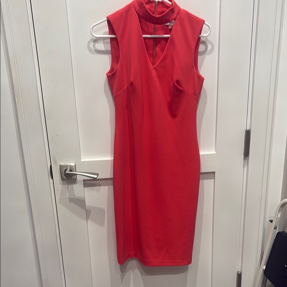 Calvin Klein Red Sheath Midi Dress Mock Neck